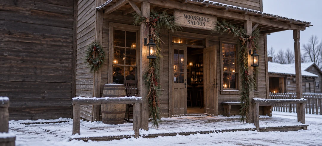 AI-generated Christmas concept of a timber Moonshine Saloon entrance