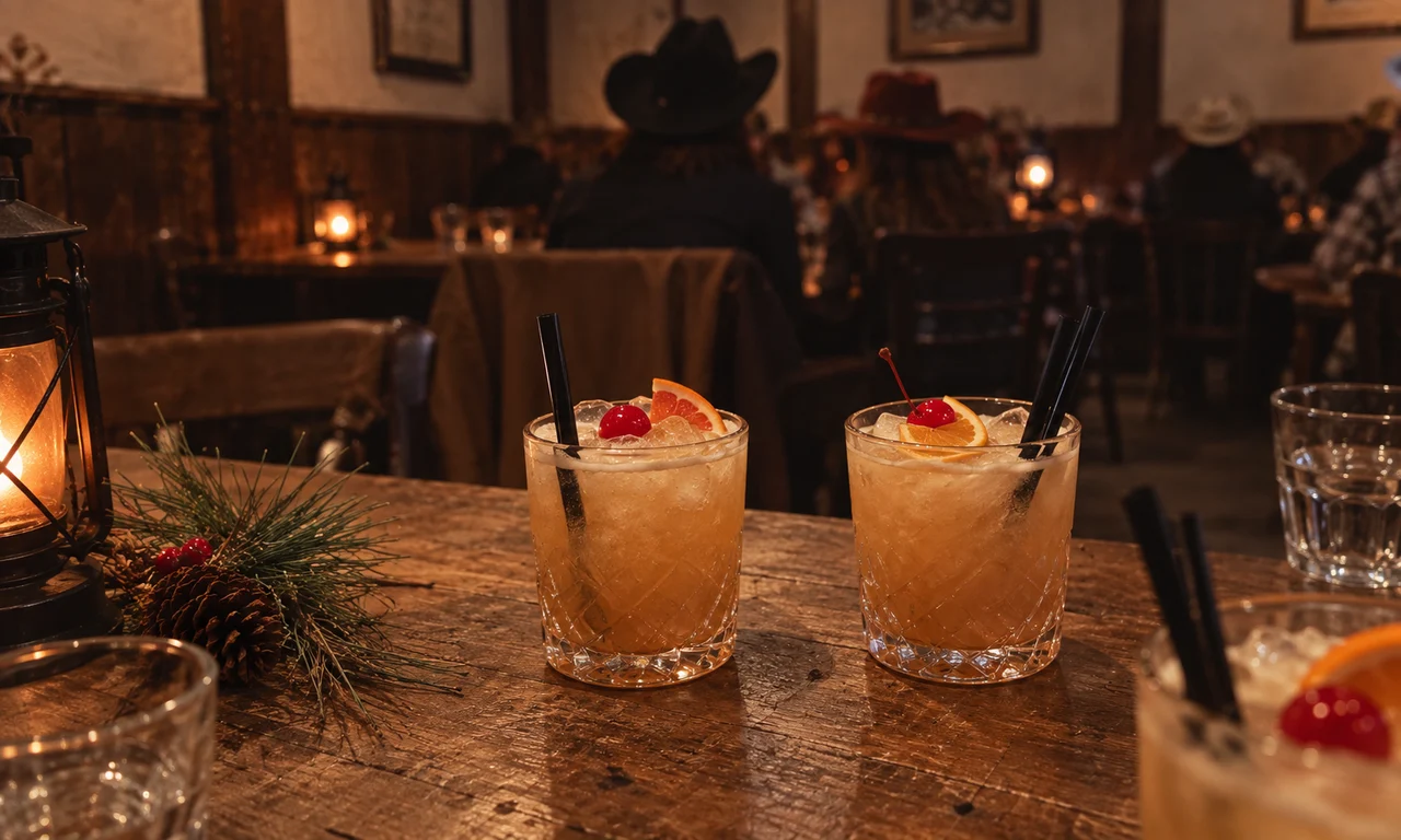 AI-generated Christmas concept of cocktails and a rectangular lantern with distant blurred saloon guests